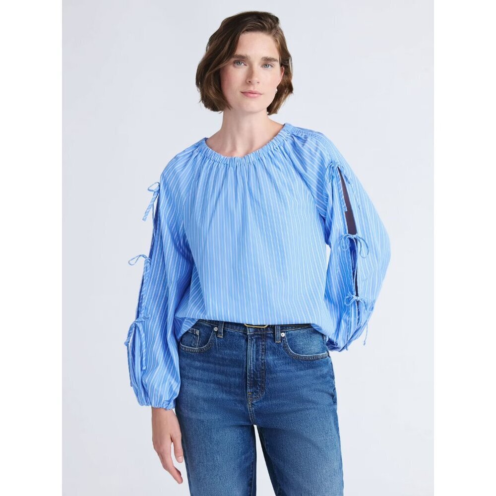 Free Assembly Women's Gathered Neck Cotton Top with Long Tie Sleeve, Size M(8-10 - Picture 2 of 4